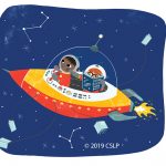 Two children in spaceship flying through constellations. They have a book to help navigate and extensions from the spaceship are books.