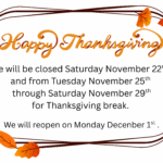 The Edmondson Memorial Library will be closed Saturday, November 22nd and from Tuesday, November 25 through Saturday, November 29 for Thanksgiving break. We will reopen on Monday, December 1.