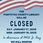 The Pontotoc County Library will be closed Sat. January 17, 2026 - Mon. January 19, 2026 in observance of MLK Jr. Day. We will reopen Tues. January 20 @ 9 AM.