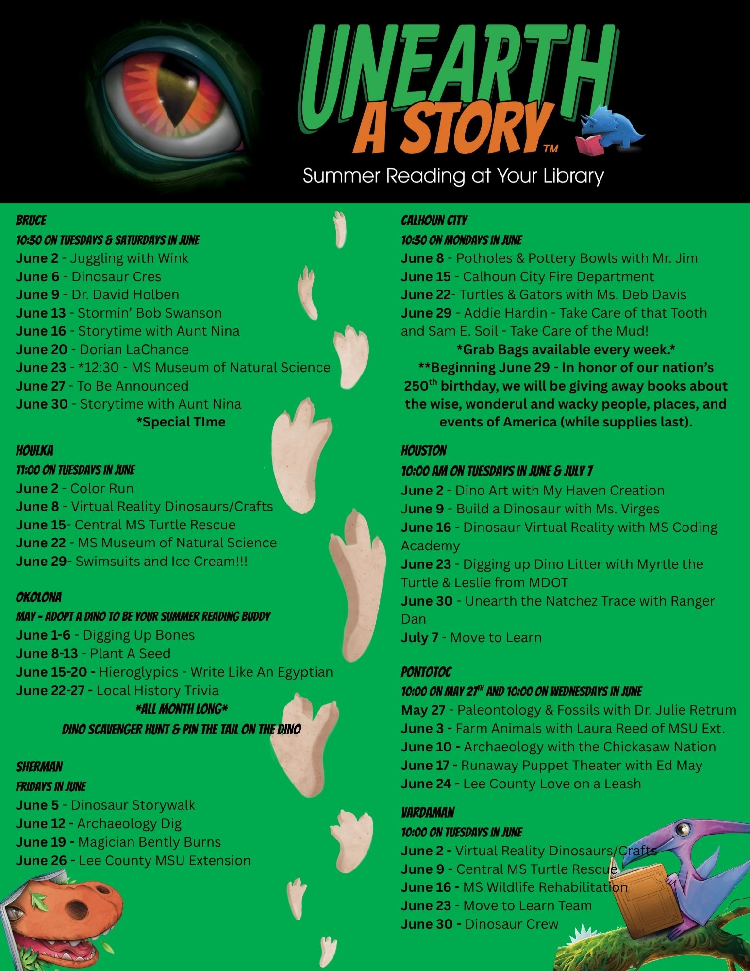 Large red dinosaur eye stares at reader next to bold green and orange logo "Unearth A Story". Schedule of branch library events listed on green background. 