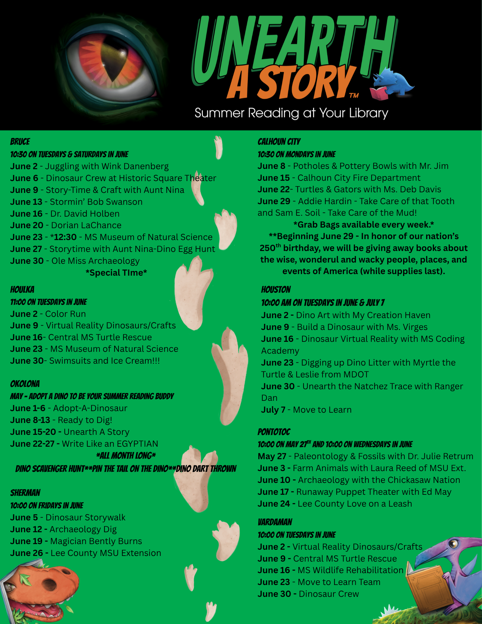 Large red dinosaur eye stares at reader next to bold green and orange logo "Unearth A Story". Schedule of branch library events listed on green background.