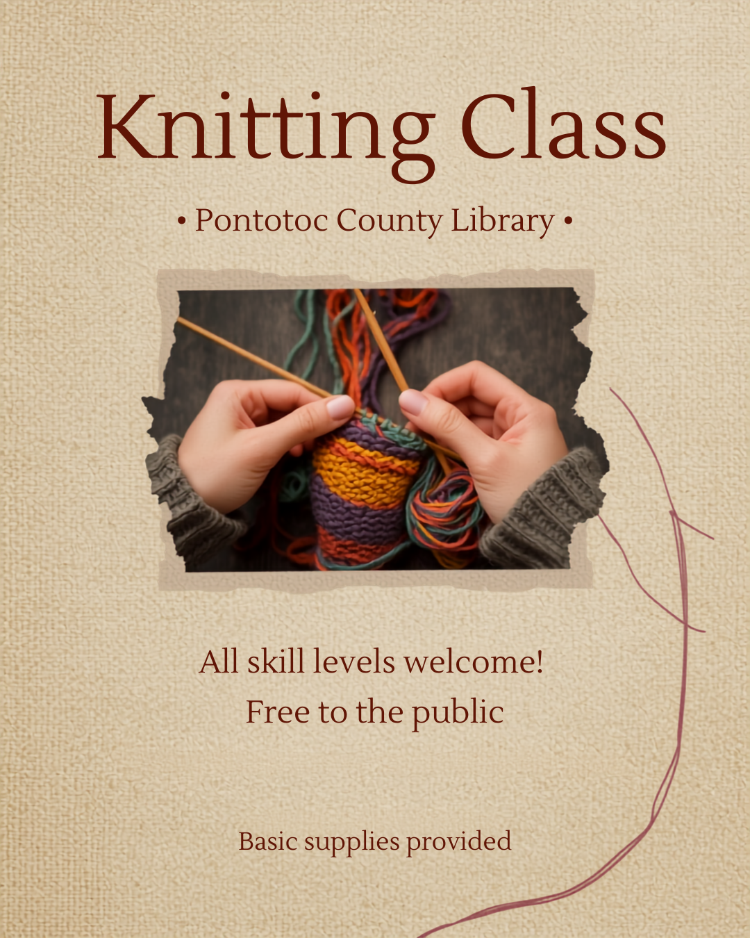 Knitting Class at Pontotoc County Library All skill levels welcome! Free to the public. Basic supplies provided. 