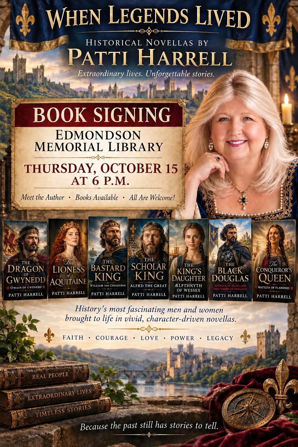 When Legends Lived - Historical novellas by Patti Harrell. Extraordinary Lives, unforgettable stories. Book Signing Edmondson Memorial Library Thursday, October 15 at 6 PM. Meet the author - books available - all are welcome! History's most fascinating men and women brought to life in vivid, character-driven novellas. Faith - courage - love - power - legacy. Because the past still has stories to tell. 