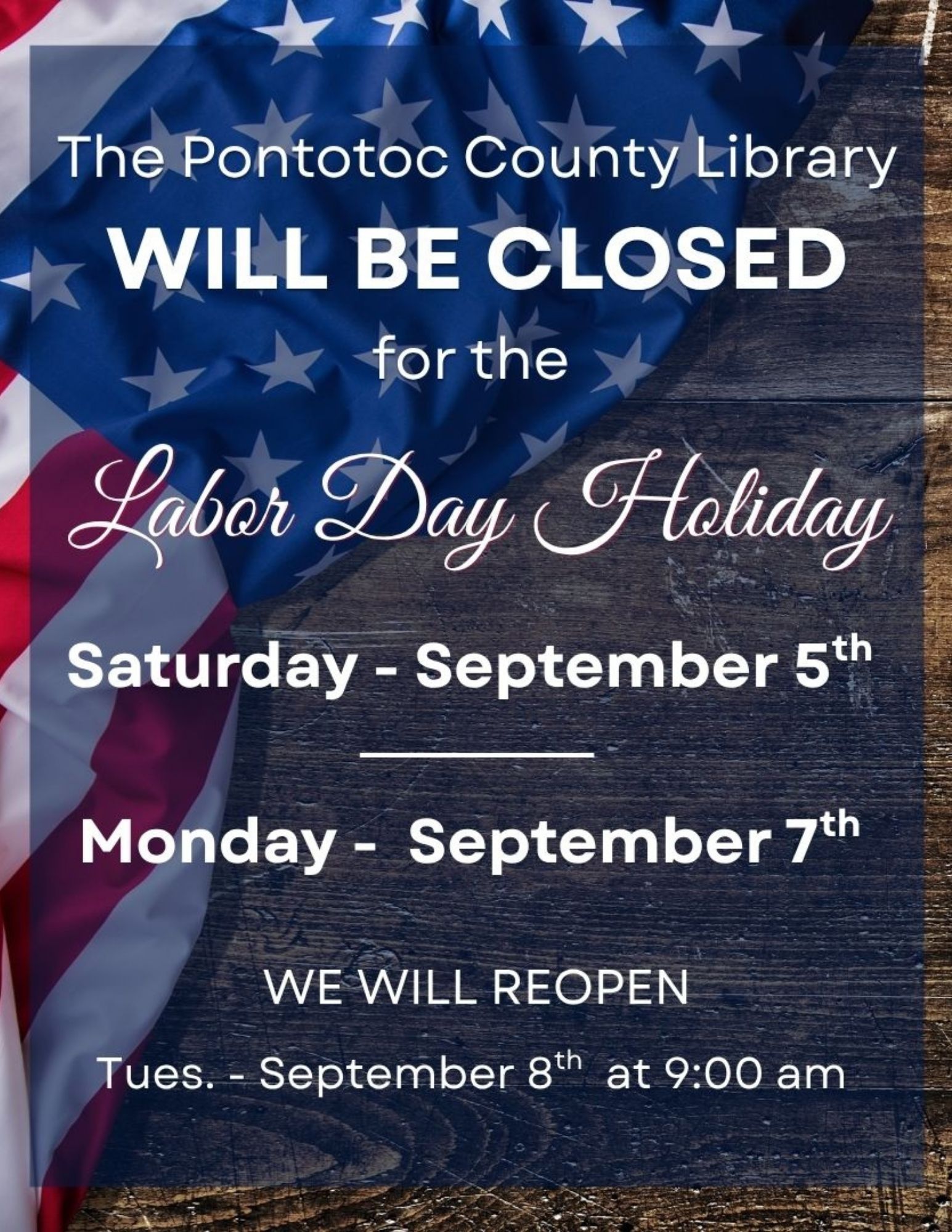 The Pontotoc County Library will be closed for the Labor Day holiday Saturday, September 5 - Monday, September 7. We will reopen Tuesday, September 8 at 9 AM. 