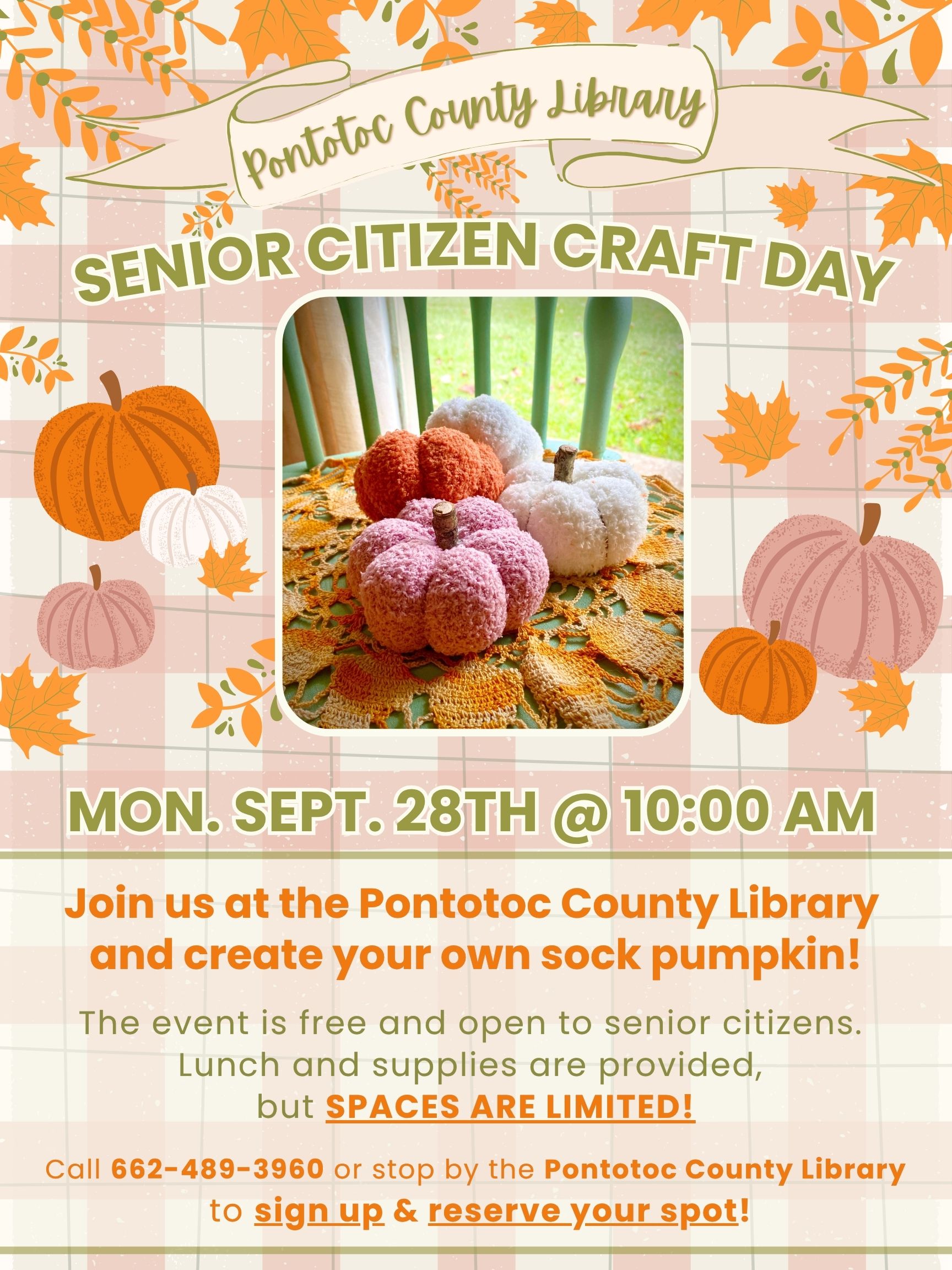 Pontotoc County Library Senior Citizen Craft Day. Monday, September 28 at 10:00 AM. Join us at the Pontotoc County Library and create your own sock pumpkin! The event is free and open to senior citizens. Lunch and supplies are provided, but spaces are limited! Call 662-489-3960 or stop by the Pontotoc County Library to sign up & reserve your spot!